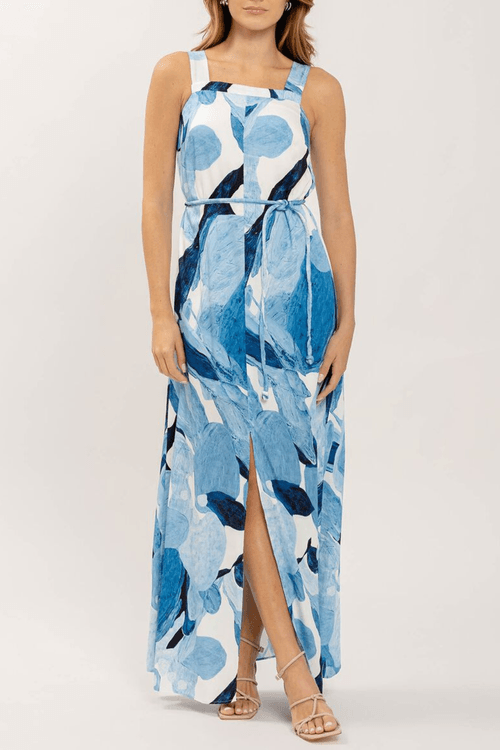 Vestido Longo Estampado com Cinto e Fenda Lez a Lez